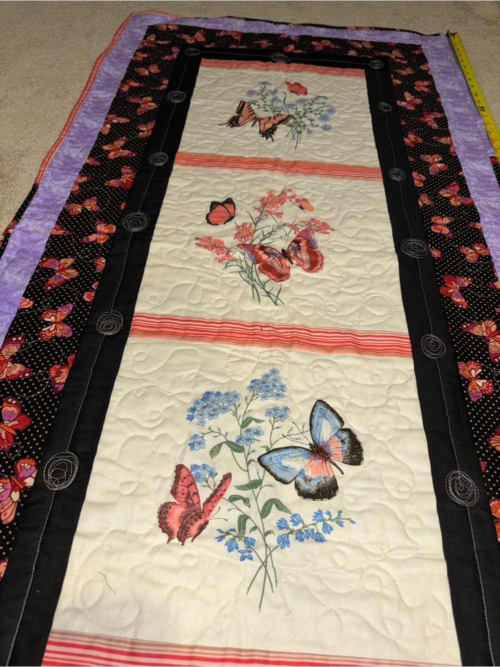 Handmade Butterfly Floral Quilted Table Runner in Purple and Black 54 in long - Picture 3 of 5